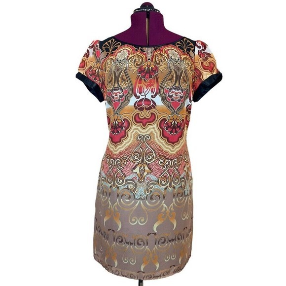 CATO Tropical Chiffon Dress Gold Red Browns Shortsleeved Lined Size 14 - Picture 15 of 16